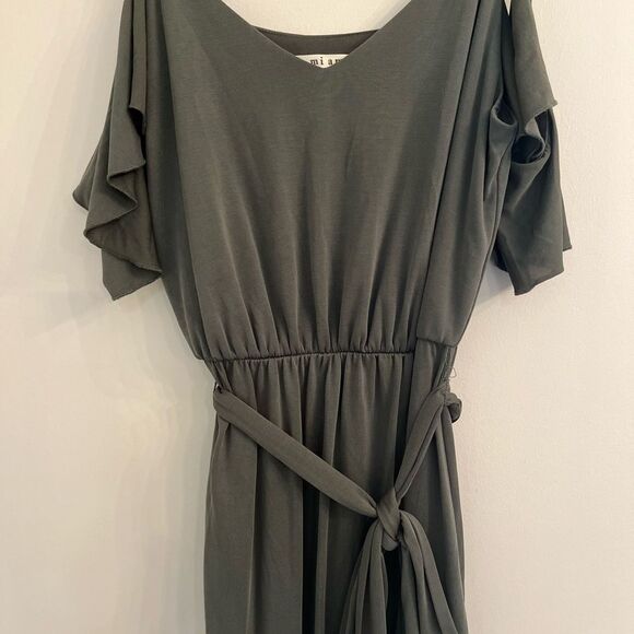 Miami Olive Green Maxi Romper with Flutter Sleeves and Crew Neck - Picture 2 of 4